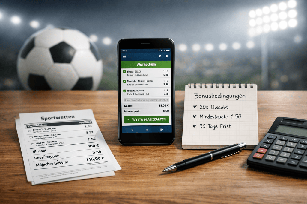 Ein realistisches Hero‑Image zeigt eine ordentliche Tischszene mit Sportwetten‑Coupon, Smartphone, Notizblock, Taschenrechner und dezenten Sportelementen, ideal für seriöse Bonusvergleiche und transparente Informationen zu Wettanbieter ohne LUGAS.