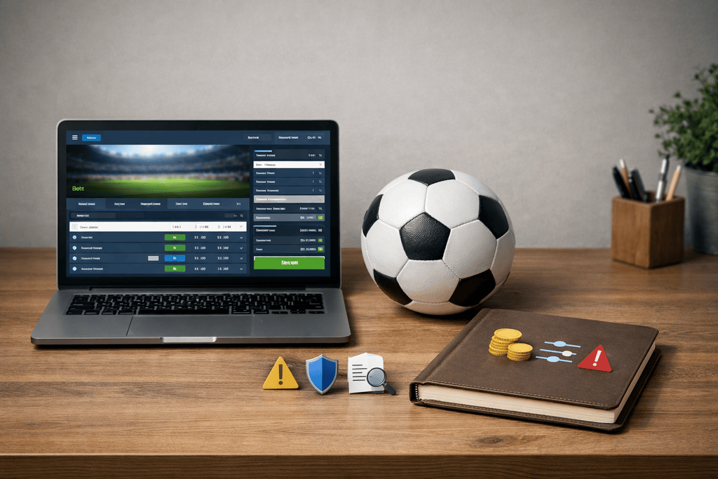 Ruhige Schreibtischszene mit Laptop und Smartphone, abstrakter Sportwetten-Oberfläche, Fußball, Notizbuch mit Symbolen für Budget, Limits und Risiko sowie dezenten Icons; vermittelt seriöse Informationen zu Wettanbieter ohne LUGAS in moderner Ratgeberästhetik.