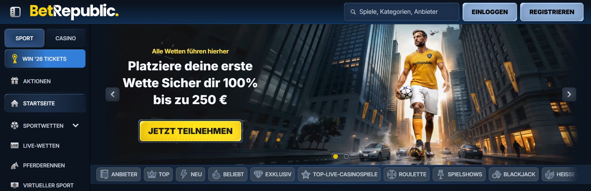 Ein modernes Sportwetten‑Titelbild eines Anbieters, das einen Fußballspieler in dynamischer Stadtkulisse zeigt und visuell die Atmosphäre von Wettanbieter ohne LUGAS mit Bonusangebot und klar strukturiertem Navigationsbereich vermittelt.